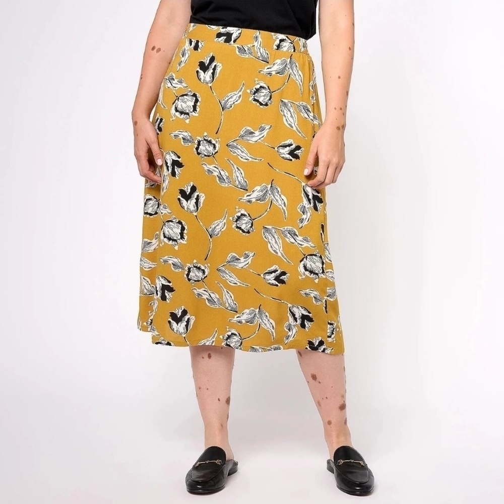 AnyBody Petite Pull-On Printed Midi Skirt, Honey Floral, Large Petite, NWOT